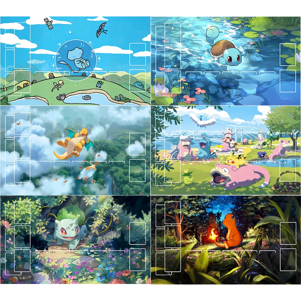 17 Designs DIY 600*350*2MM Pokemon Playmat - Anime Mew Leafeon Pikachu Squirtle Bulbasaur Charmander PTCG Battle Card Mat